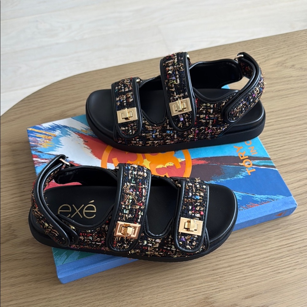 exé Tweed Multi-Colored Black Gold Buckle Sandals Shoes Size 37 New Without Box